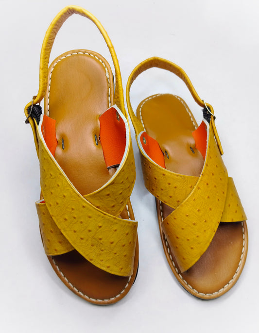 Premium Handmade Cross-Strap Huarache β Ostrich-Pattern Leather (Mustard)