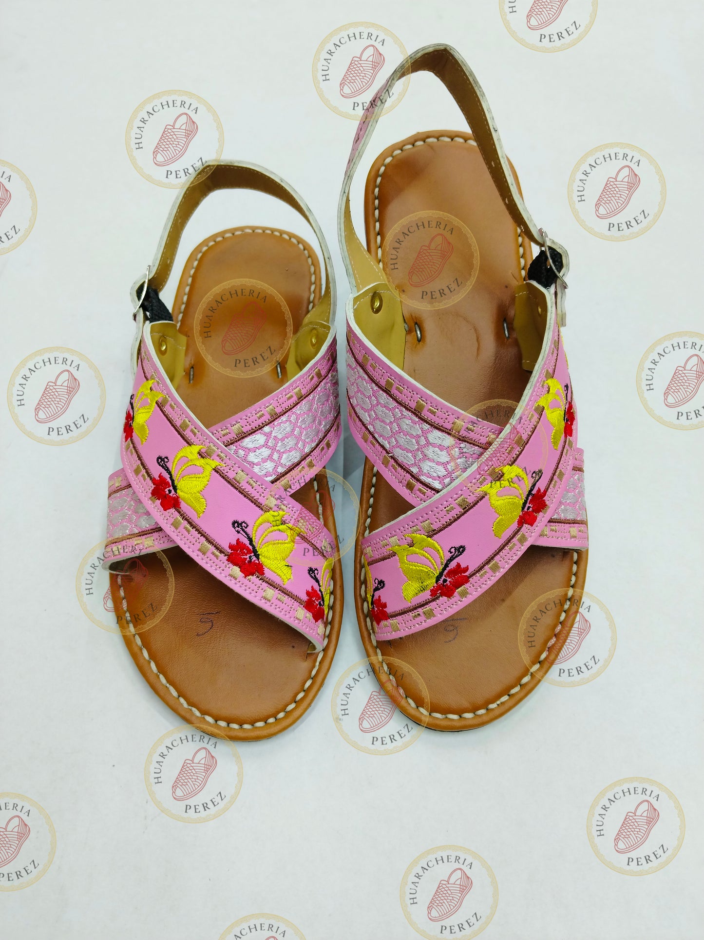 Natural Leather Embroidered Cross-Strap Huarache (Red & Yellow Flowers) – Women