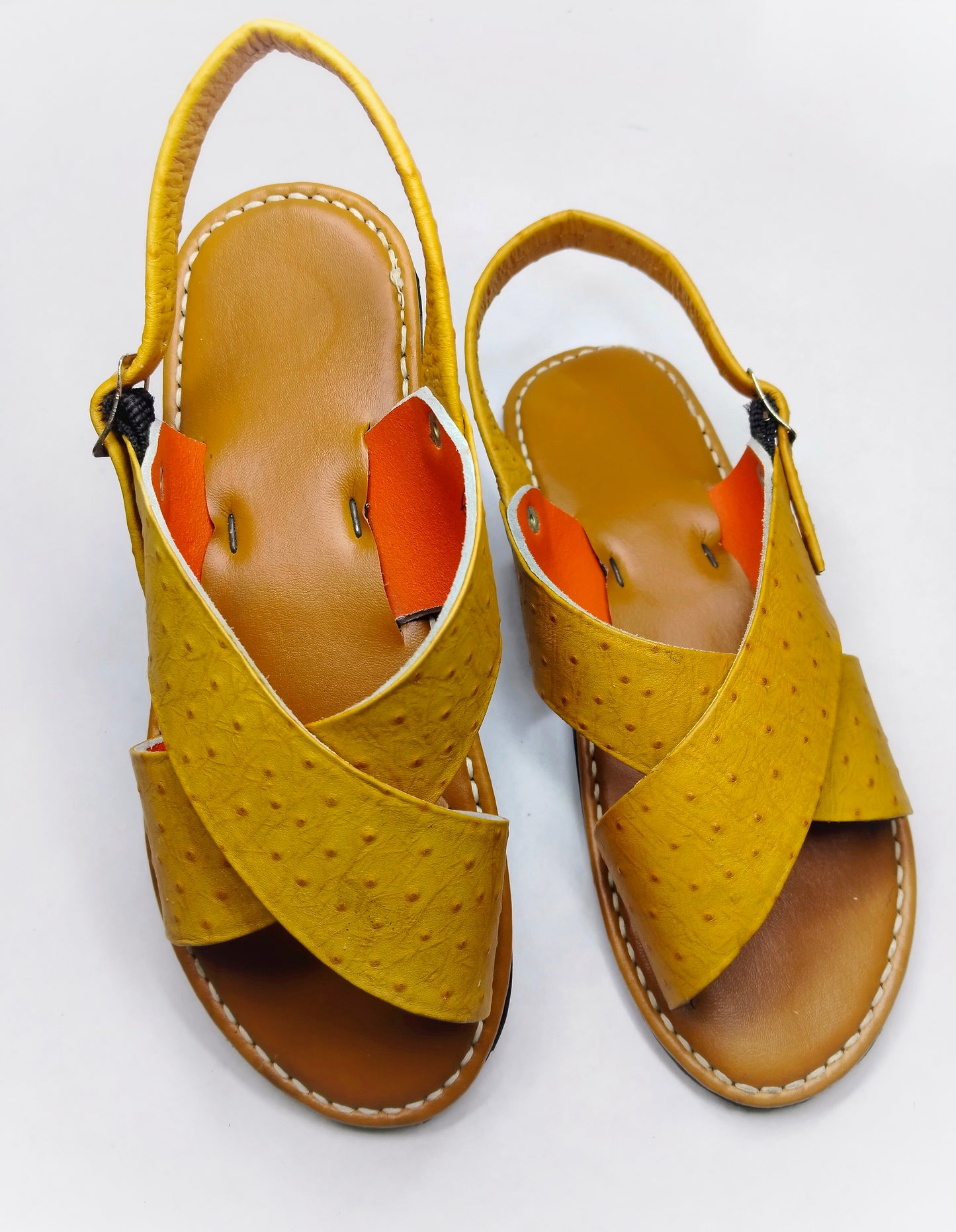 Premium Handmade Cross-Strap Huarache – Ostrich-Pattern Leather (Mustard)