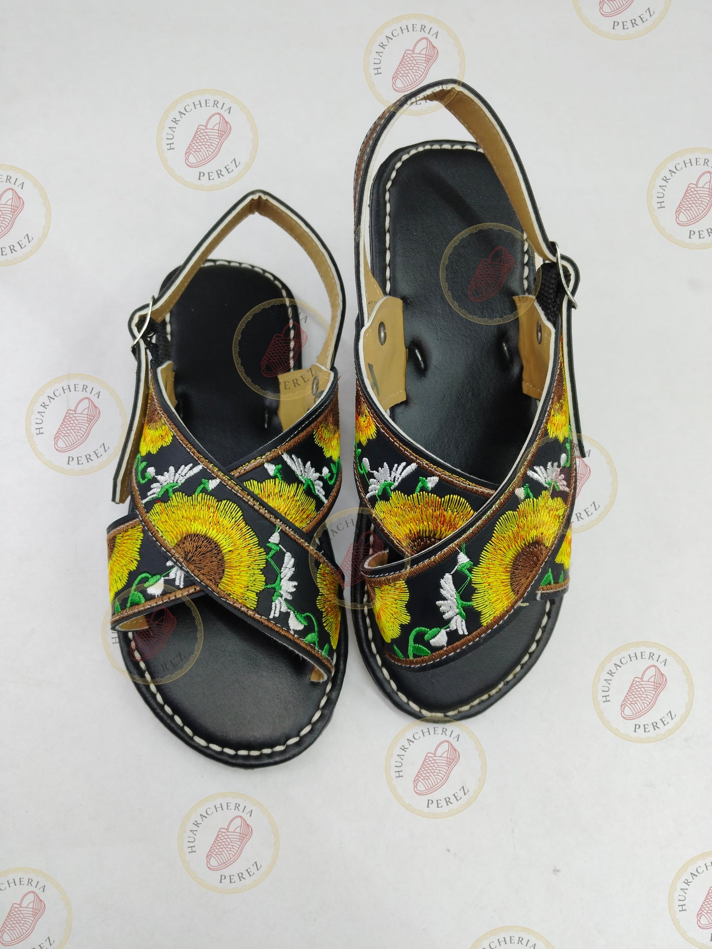 Natural Leather Embroidered Cross-Strap Huarache (Red & Yellow Flowers) – Women