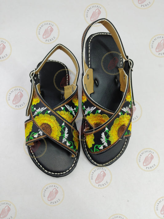 Natural Leather Embroidered Cross-Strap Huarache (Red & Yellow Flowers) – Women