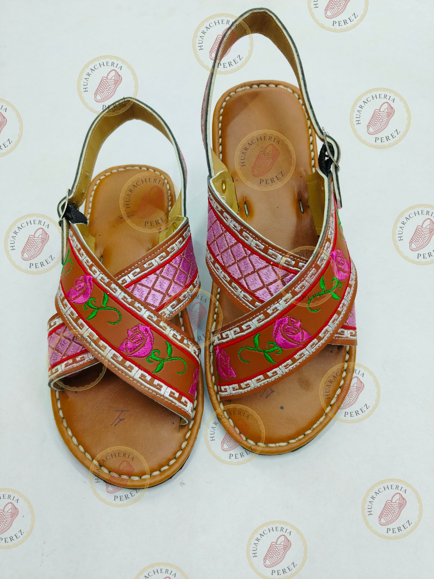 Natural Leather Embroidered Cross-Strap Huarache (Red & Yellow Flowers) – Women