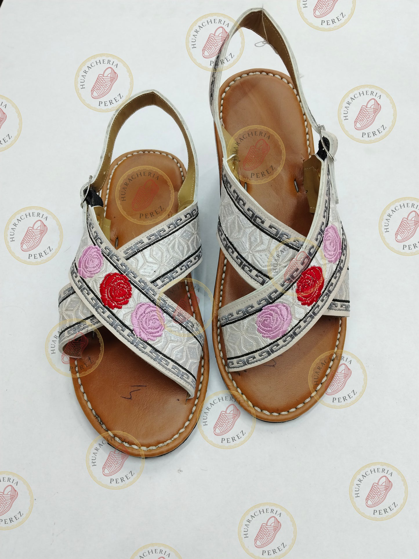 Natural Leather Embroidered Cross-Strap Huarache (Red & Yellow Flowers) – Women