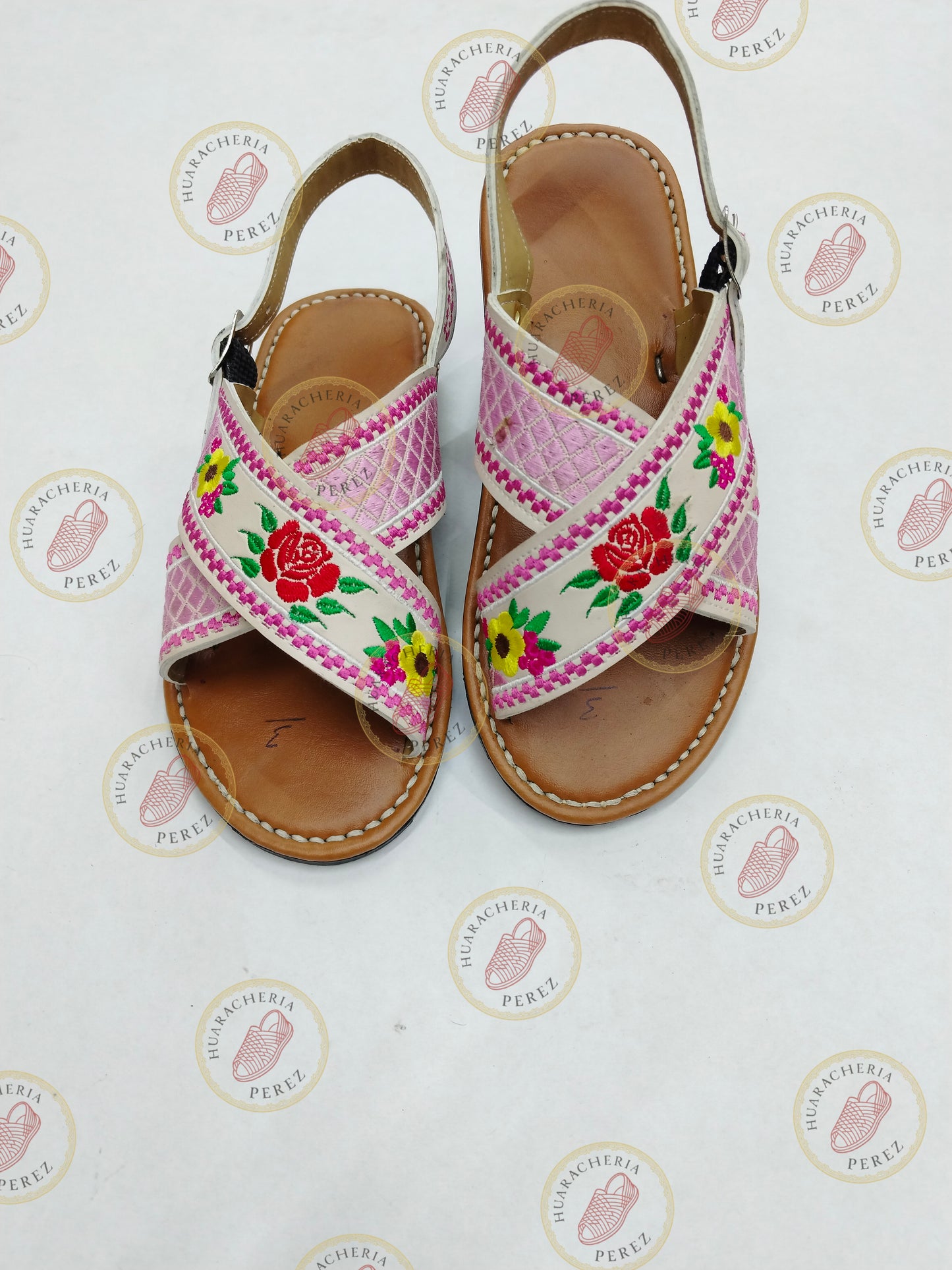 Natural Leather Embroidered Cross-Strap Huarache (Red & Yellow Flowers) – Women