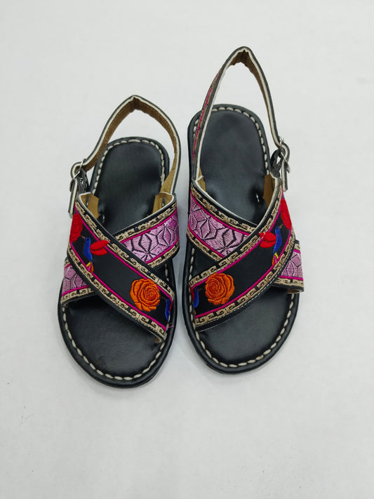 Greca & Red Flowers Embroidered Cross-Strap Huarache (Women)